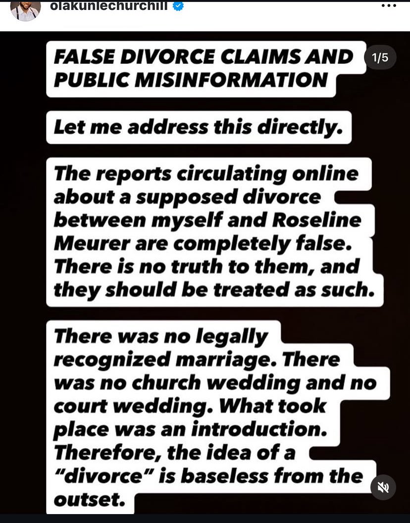 Dmediagirl's tweet photo. ‘No legal marriage exists between us’, Churchill reacts to Rosy Meurer splitBusinessman Olakunle Churchill has dismissed reports circulating suggesting a divorce from actress Rosy Meurer, insisting that no legally recognised marriage ever existed between them.

In a detailed statement shared on his Instagram page on Wednesday, Churchill described the claims as false and urged the public to disregard what he called misinformation.

#policeisnotuourfriend 
#TopNod
#Spirituality 
#churchhill
#Teni
#Harrykane 
#Jimiyke
#Effurun
#CubanaChiefPriest