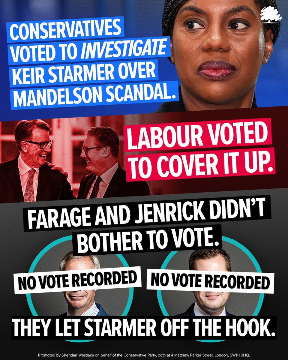 ToryVote_'s tweet photo. Yesterday, Conservatives forced a vote in the Commons to open a Parliamentary Investigation into Keir Starmer over the Mandelson scandal.

When it came down to it, Nigel Farage and Robert Jenrick didn’t even bother to show up and vote.

They let Keir Starmer off the hook. https://t.co/w68qX70y1C