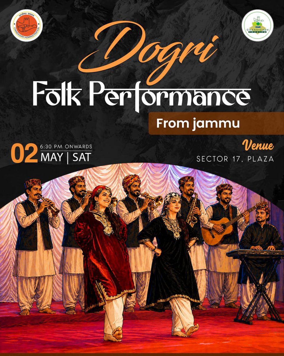 Tourism_of_CHD's tweet image. Feel the rhythm of the hills as the vibrant spirit of Dogri culture comes alive! 🎶✨
Join us for an evening full of music, dance, and tradition straight from Jammu at Sector 17 Plaza. Don’t miss this cultural celebration! ❤️
#DogriCulture #FolkPerformance #ChandigarhEvents