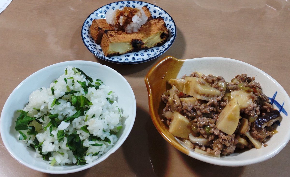 tachiaoi12345's tweet photo. たけのこの残りで麻婆たけのこ。思いつきで作ってみたけどめっちゃ良い👍
厚揚げおろし
茶色い晩ごはんだけど、菜めしの緑で彩りOK✨

今日もごちそうさまでした🙏

#おうちごはん
#晩ごはん https://t.co/PK1RIdPHOH
