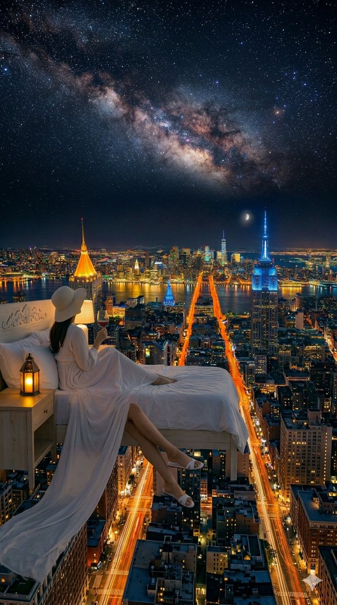 sz0701k's tweet image. 今夜の「お休みベッド」は、眠らない街の上空へ🌃

都会の喧騒を遠く離れた、高度300メートルの特等席

星屑とビルの灯りが溶け合う夜景を眺めながら、
とっておきのワインを片手に🍷

この贅沢な夜景をあなたに。
 Good Night...✨

（眠れないもので、つい）

#NY #NightView #Dreamy #お休みベッド