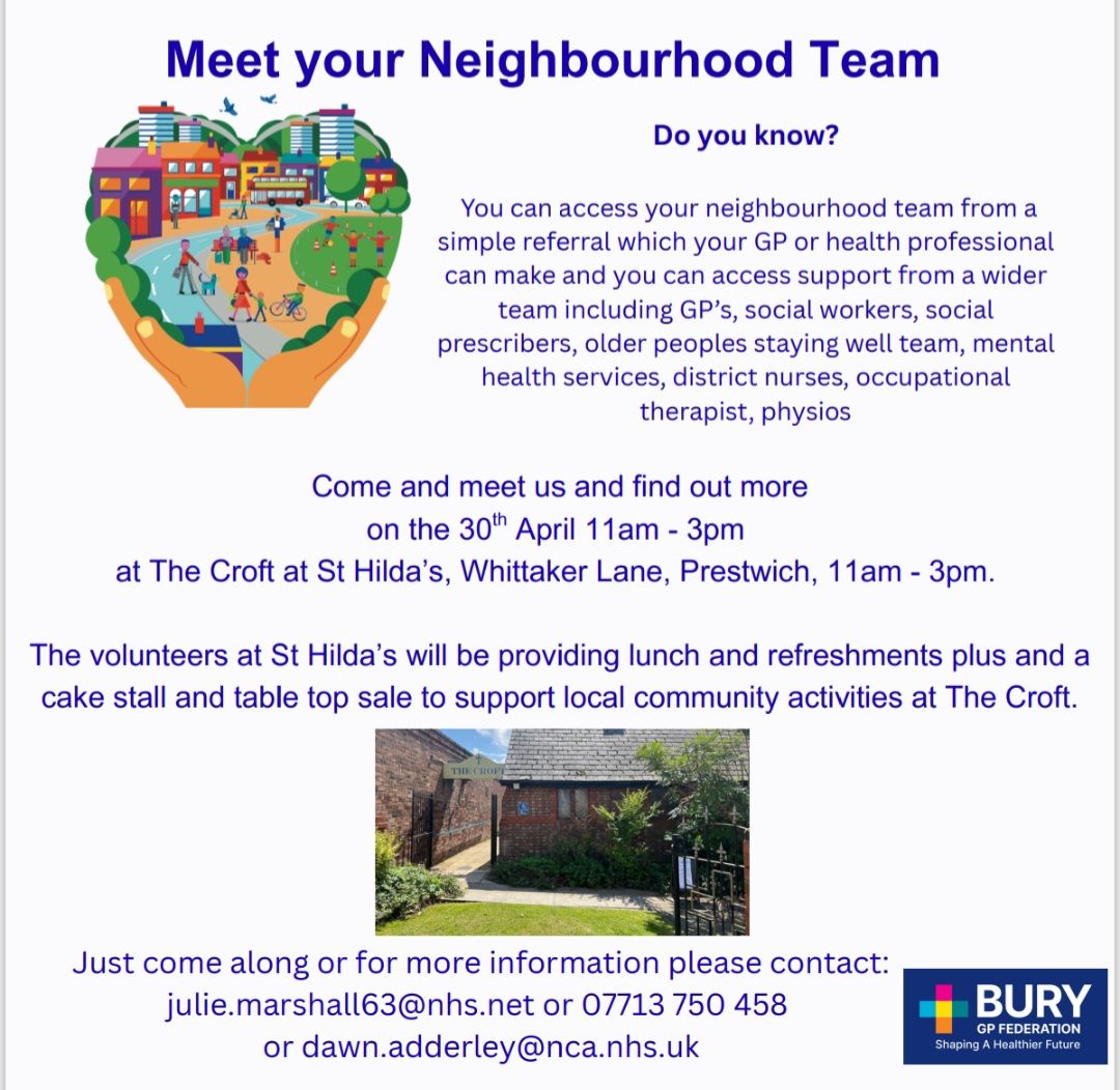 older_team's tweet image. Meet your Neighbourhood Team incl. the Staying Well Team 🧑‍🤝‍🧑

📅 30 April | ⏰ 11am–3pm
📍 The Croft, St Hilda’s, Prestwich

Just drop in!

#StayingWell #CommunitySupport #Prestwich