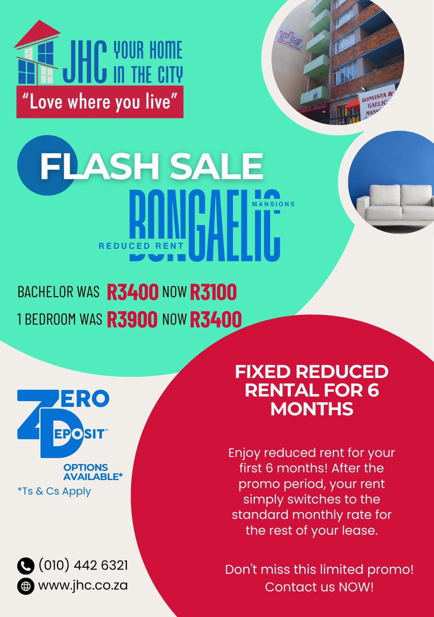 JHC_SA's tweet photo. 📷 FLASH SALE 📷
📷 BonGaelic Mansions
📷 Bachelor: R3100 (was R3400)
📷 1 Bedroom: R3400 (was R3900)
📷 Zero Deposit Options (Ts &amp; Cs Apply)
📷 Bachelor or 1-bedroom — what would you choose?
Tag someone who needs this deal!
📷 (010) 442 6321 | 📷 https://t.co/fUH2RcOuFQ https://t.co/X5l8W918Gp