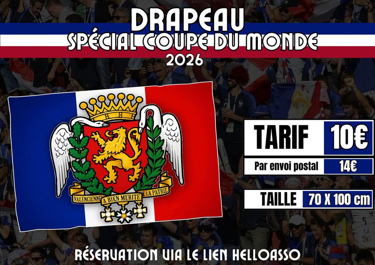 UltrasRoisters's tweet photo. 🇫🇷 DRAPEAU SPÉCIAL COUPE DU MONDE 2026

Nouveau drapeau disponible 
Aux couleurs de Valenciennes

💰 10€
📦 14€ avec envoi
📏 70x100 cm

📲 Réservation via HelloAsso

https://t.co/cP76B1Fzww https://t.co/Ev6BrW2UWB