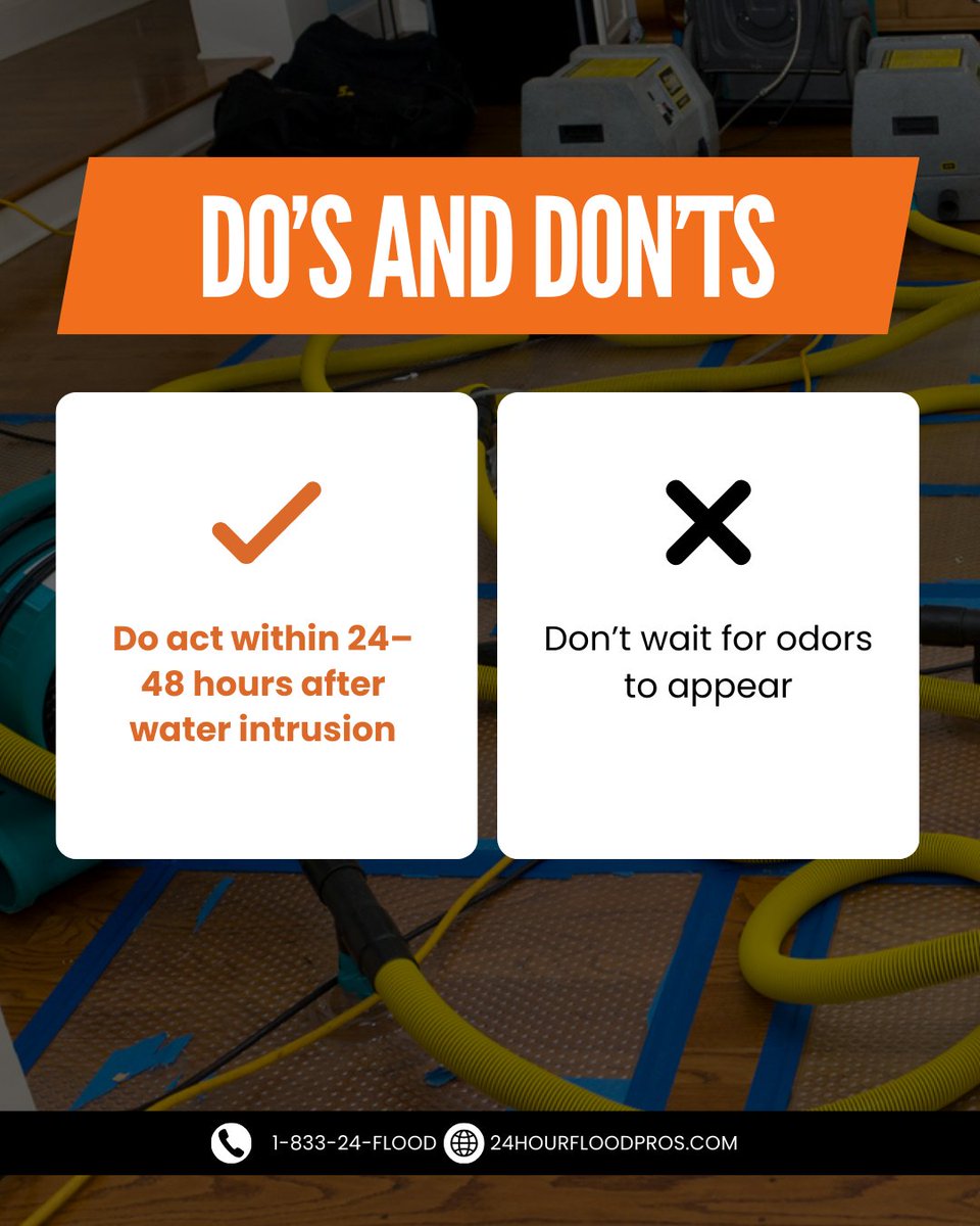 24hrfloodpros's tweet image. Stay proactive! Act quickly after water intrusion to prevent damage and avoid unpleasant odors.
#24HourFloodPros #DosandDonts