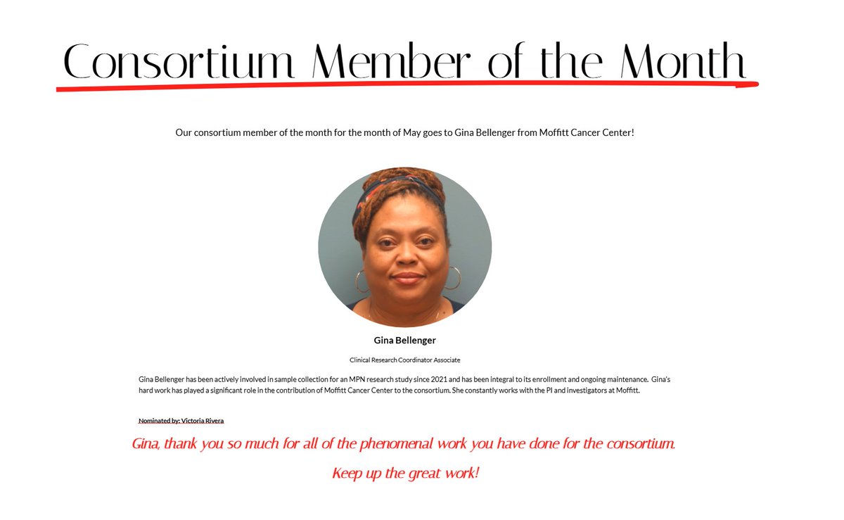 mpn_consortium's tweet photo. Our consortium member of the month for the month of May goes to Gina Bellenger from Moffitt Cancer Center!  #mpnrc #mpnresearch #mpnresearchconsortium https://t.co/rTH324LHug