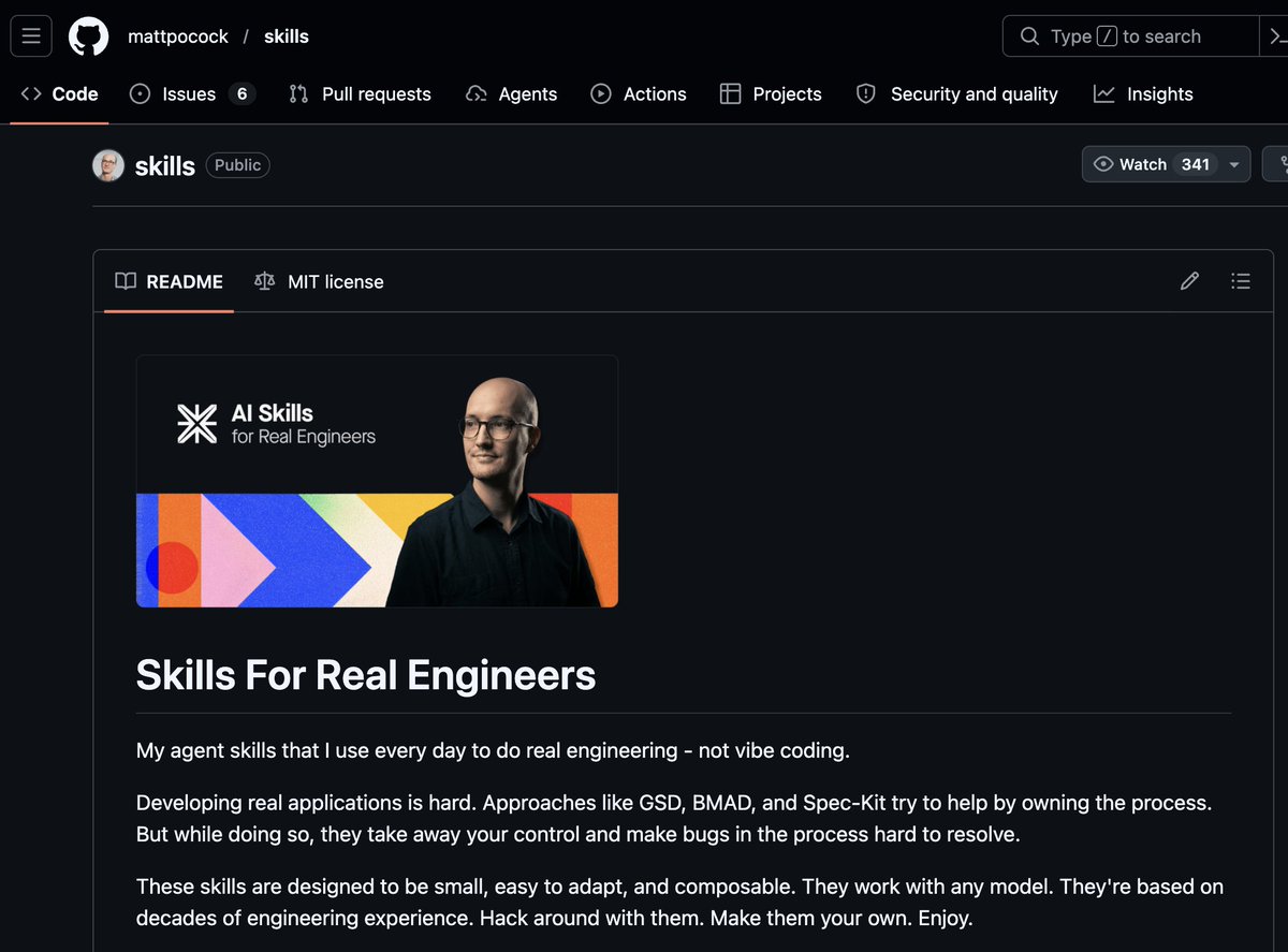 ¡Esta colección de SKILLS lo está petando!
Basadas en la experiencia real de Matt Pocock.

Comandos para:
✓ reducir tokens y quitar paja
✓ diagnosticar bugs con método
✓ mejorar la arquitectura del proyecto

De código abierto:
→ github.com/mattpocock/ski…