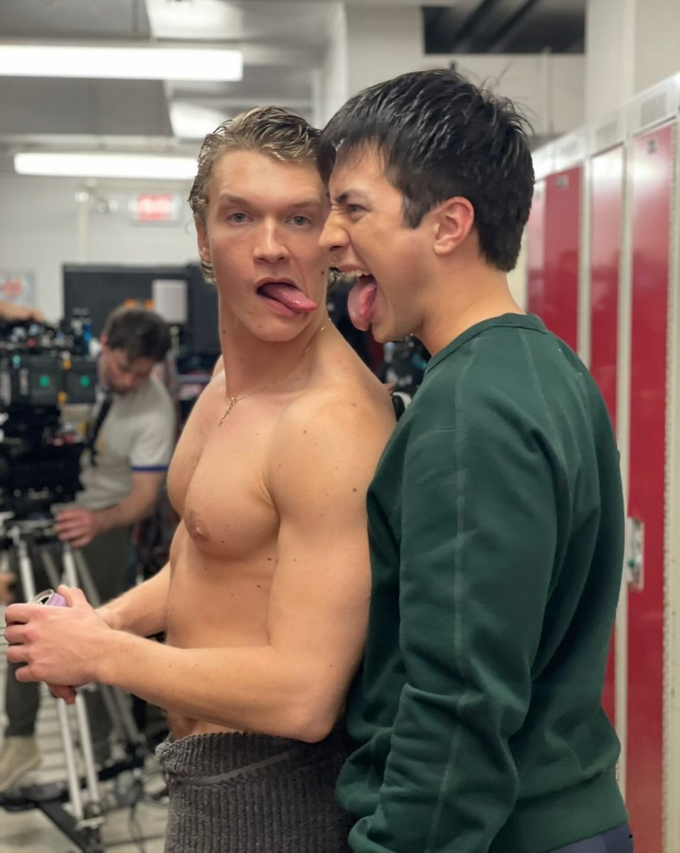 Hudson Williams and Connor Storrie bts of 'Heated Rivalry' Season 1
