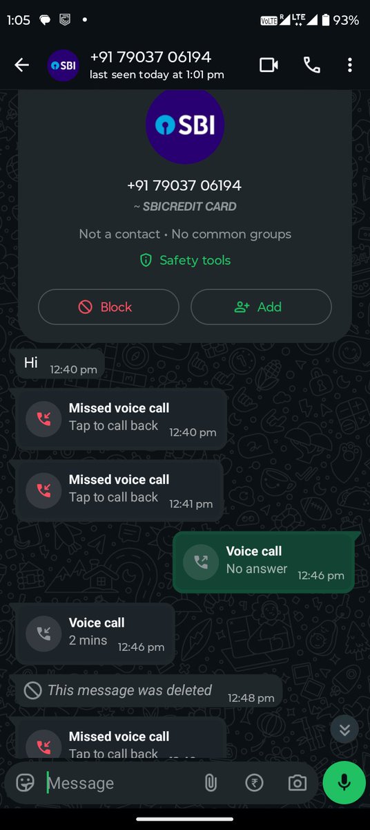 DDaulson's tweet image. @SBICard_Connect I received a WhatsApp message from an unknown number claiming to be SBI Credit Card, asking me to complete KYC via a suspicious link. This appears to be a scam attempt. Please look into this urgently.Attaching screenshot for reference. #ScamAlert #CyberSecurity