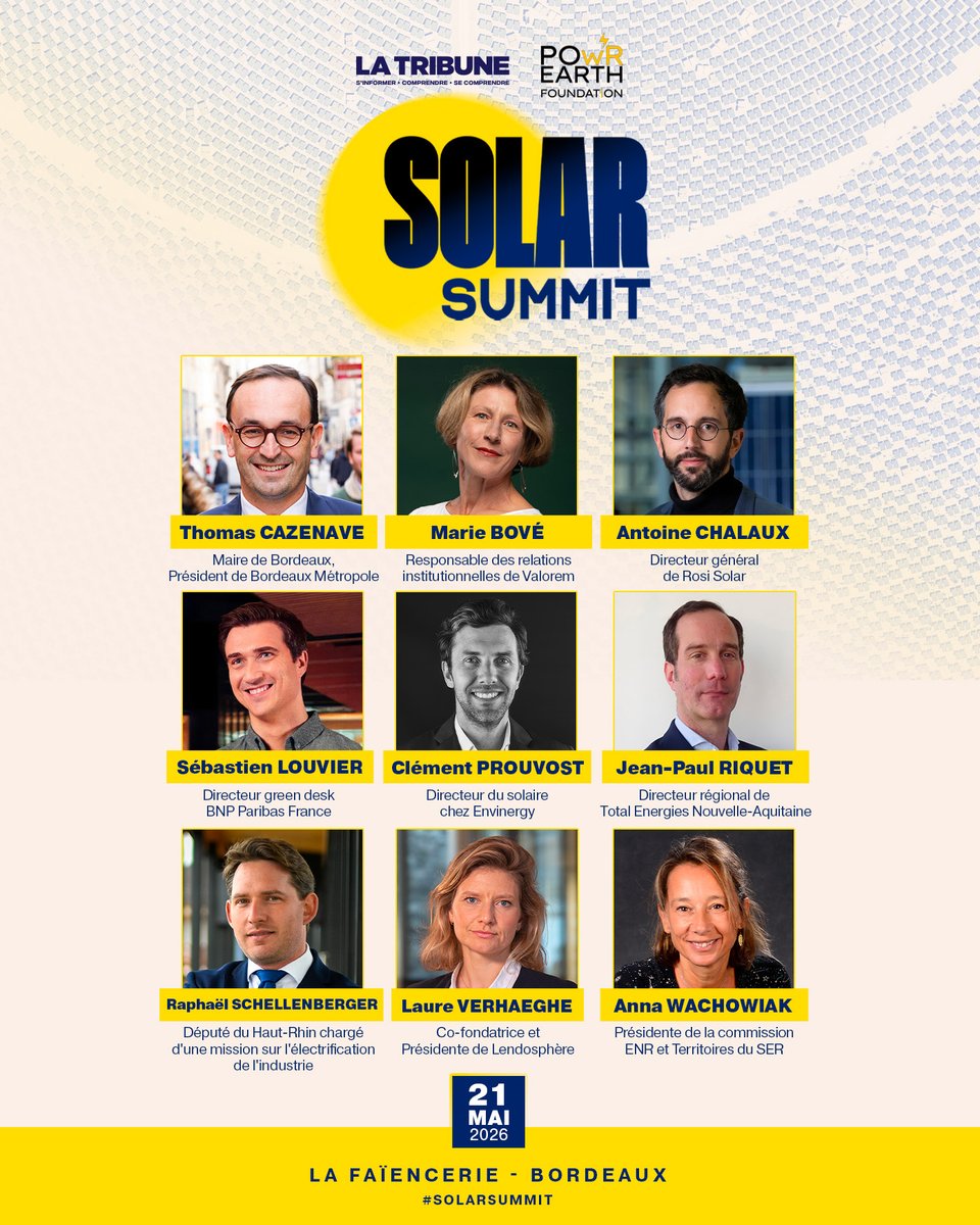 latribuneevents's tweet photo. Ils seront présents au #SolarSummit à Bordeaux ☀️
Une journée dédiée aux enjeux du solaire avec les décideurs du secteur
📅Le 21/05 à La Faïencerie
👉https://t.co/1DZT06sXtr https://t.co/1q0dKvGXKw