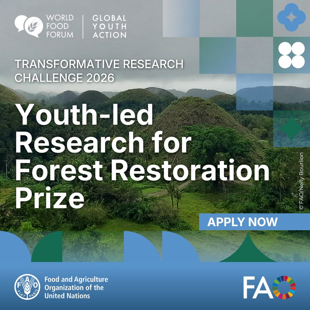 FAOForestry's tweet photo. Working on applied solutions that address barriers to forest & landscape restoration?
Apply for the Youth-led Research for Forest Restoration Prize as part of the @World_FoodForum Transformative Research Challenge 2026 by 15 May!
More info & apply https://t.co/pr2RqAne6C
#FLRM https://t.co/R5EBsx6fHP