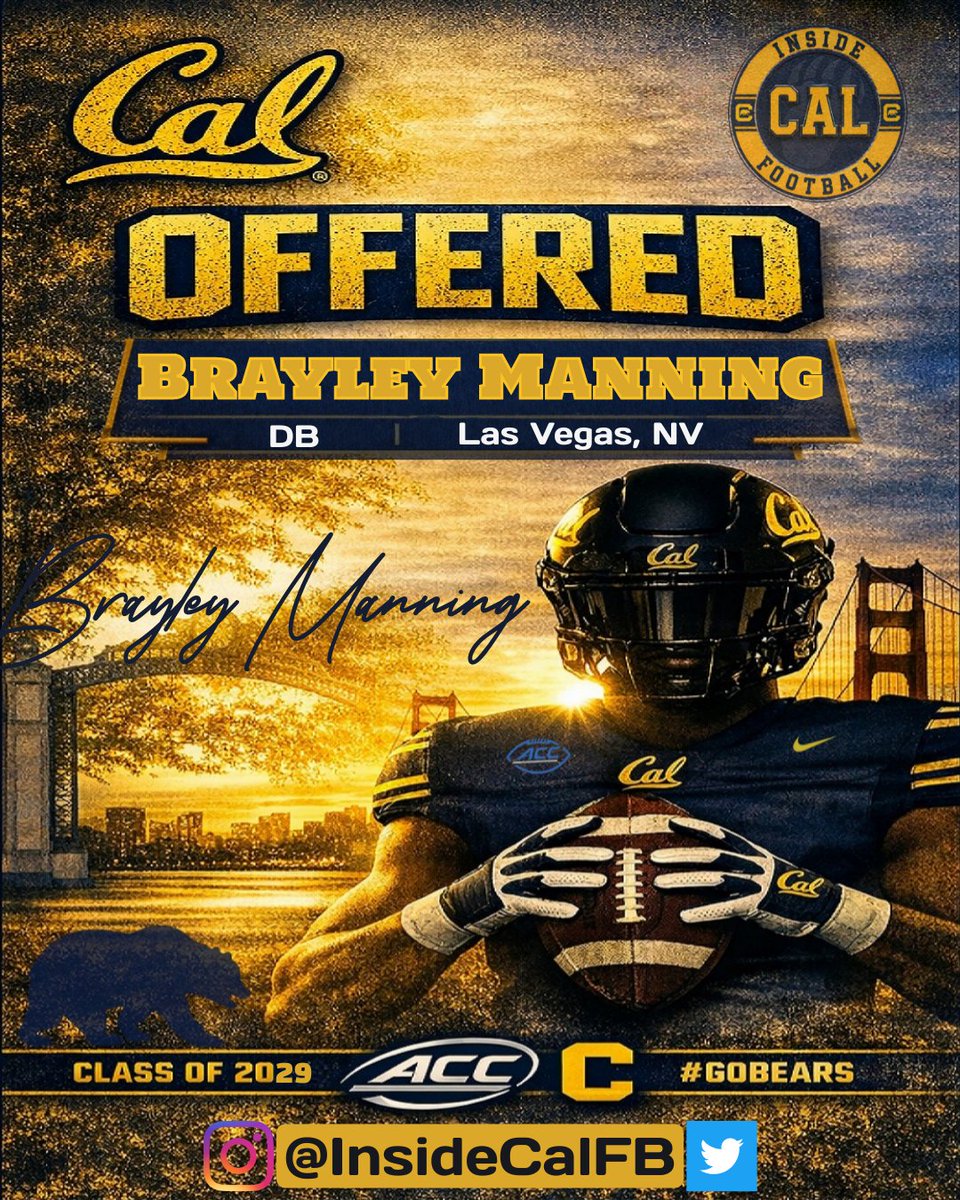 InsideCalFB's tweet image. 📣 Recruiting News 🐻

Brayley Manning has received an offer from Cal.
The Class of ’29 DB from Bishop Gorman - 6’2, 170 lbs, 4.5 40, multi‑sport T&amp;amp;F athlete - continues to rise as one of Nevada’s top young defensive prospects. 

@Brayley_manning #GoBears #CalFootball