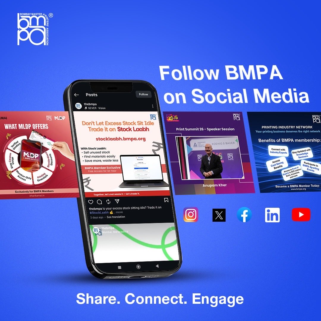 Stay connected with the printing and packaging industry - follow #BMPA on #SocialMedia to know the latest updates, events and industry insights.

Follow us on:
Facebook • LinkedIn • Twitter (X) • YouTube

Share. Connect. Engage.

#TeamBMPA #LetsDoMore