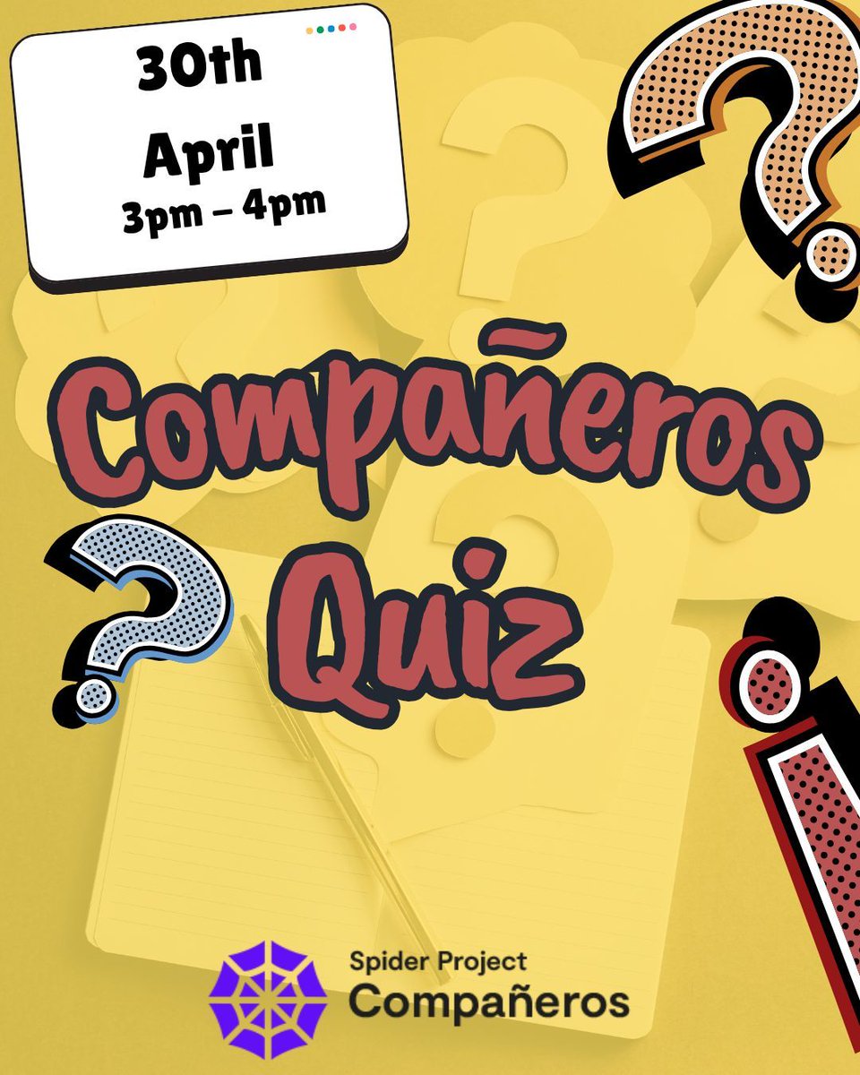companeros_sp's tweet image. Compañeros Quiz ❓️

Fancy having a go at beating the Compañeros Quiz master? 👀

Come on down on the 30th April from 3pm- 4pm to take part!

#spiderproject #wirral #uk #creativearts #recovery #mentalhealth #Compañeros