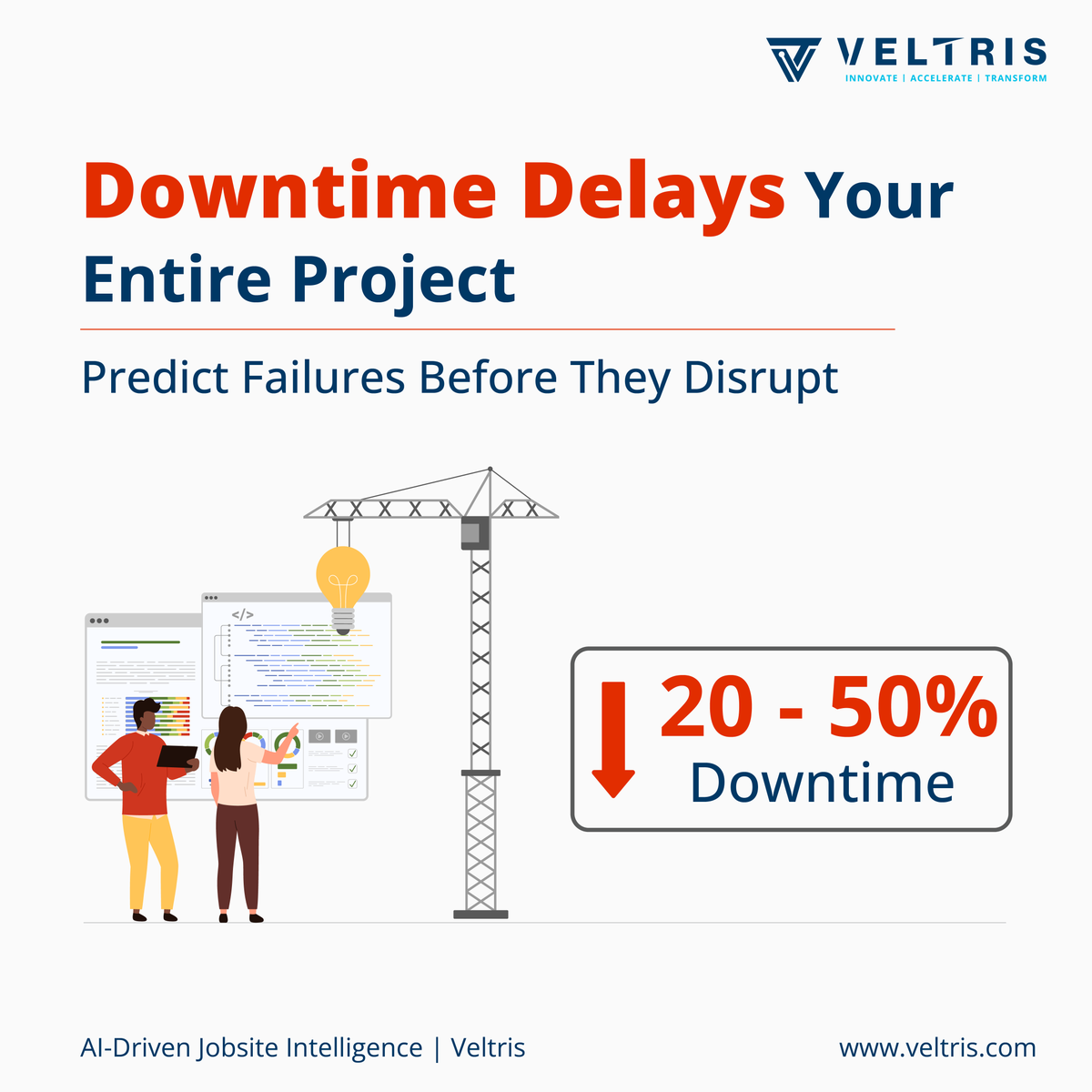 VeltrisTech's tweet photo. Veltris helps predict and prevent breakdowns using AI-driven jobsite intelligence.

→ 20–50% less downtime
→ Better asset utilization

Keep projects moving. Avoid costly disruptions.

https://t.co/dlL1glhNm6

#Veltris #ConstructionAI #PredictiveMaintenance #JobsiteOperations https://t.co/HkLjOnFsWq