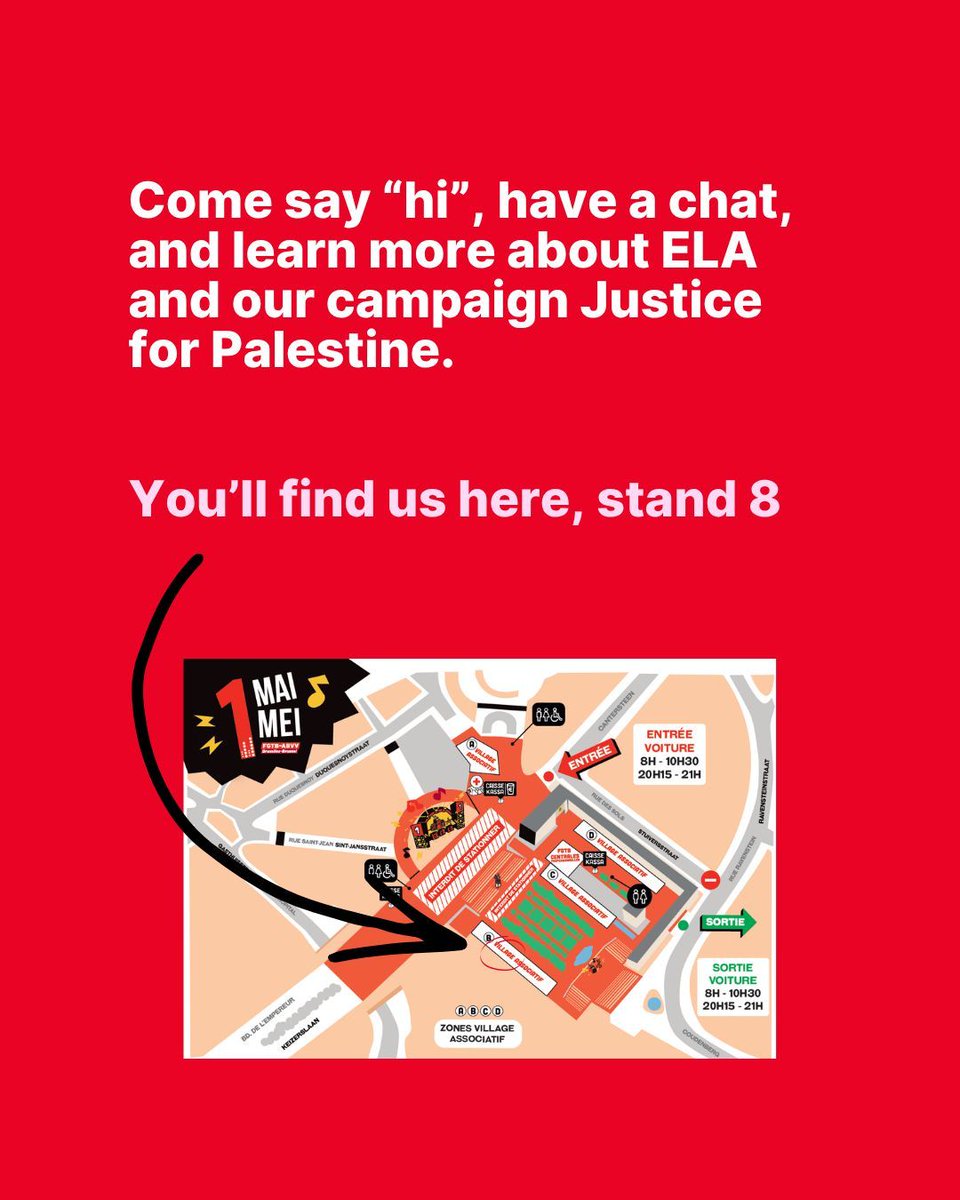 Come and say “hi” to our stand at the International Workers' Day event in Brussels on 1 May at Mont des Arts, organised by FGTB-ABVV Brussels.

We will be there to have a chat with you and tell you more about the work of ELA and the Justice for Palestine campaign!

See you there!