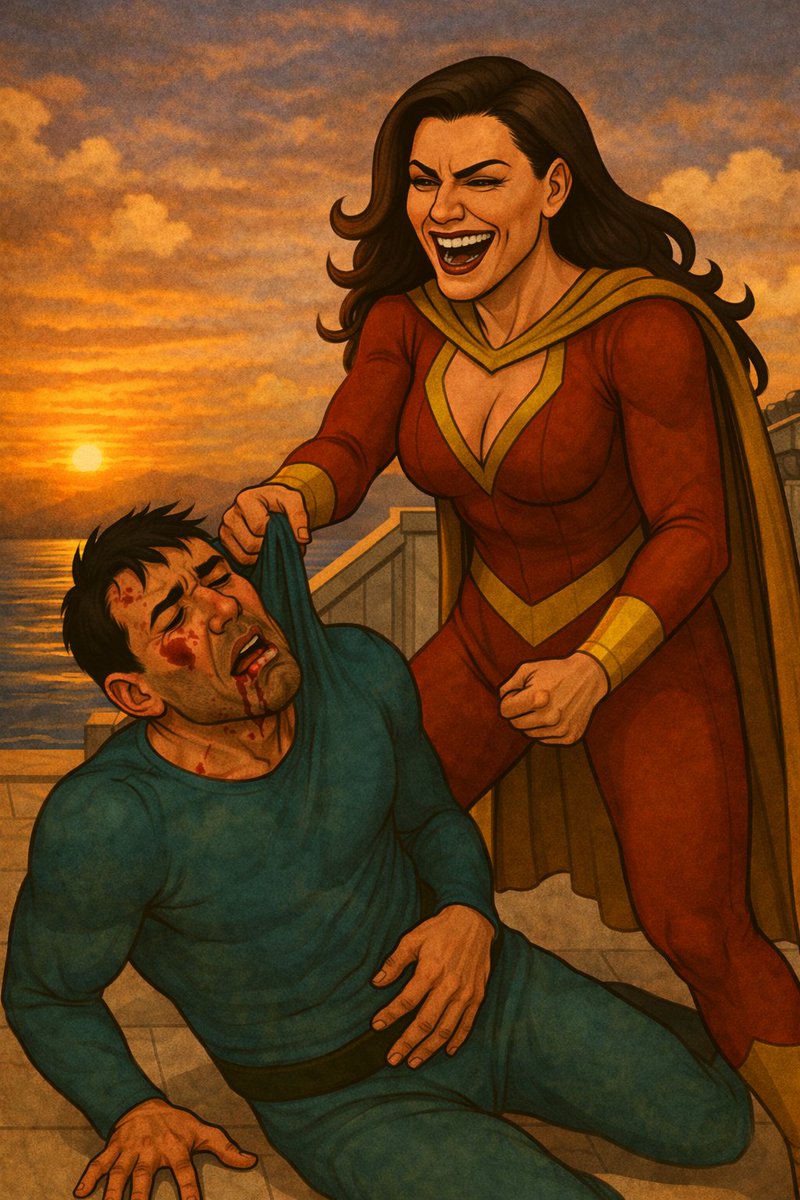 ErikSalvera's tweet image. He can't take this body shot, so he is in pain, seating struggling to remain conscious, holding his own belly, ouch that's hurt. Crimsera mocks him.
#Malevsfemale #Superheroine #Beatdown #humiliation
