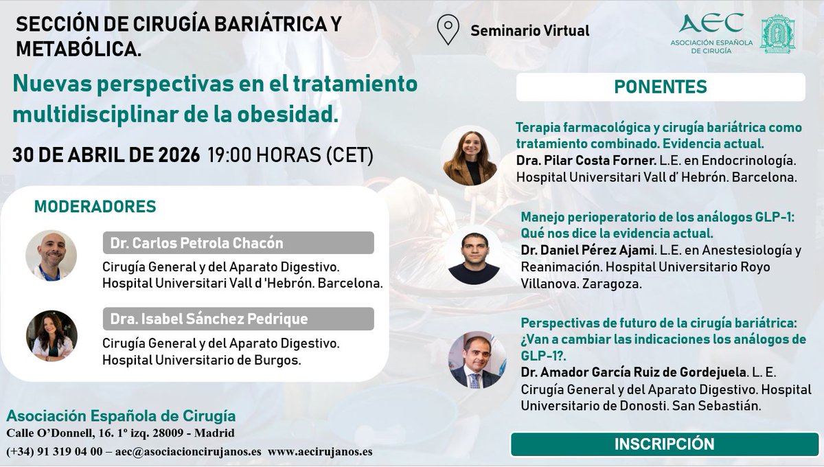 aecirujanos's tweet image. ¡Cuenta atrás activada!⏳Mañana a las 19:00h (CET) nos reunimos en un nuevo #webinar de @aec_obesidad donde analizaremos la evidencia actual de los GLP-1 y el futuro de la cirugía bariátrica de la mano de expertos
¿Aún no tienes tu plaza?🏃‍♂️💨
Inscríbete 🔗us02web.zoom.us/webinar/regist…