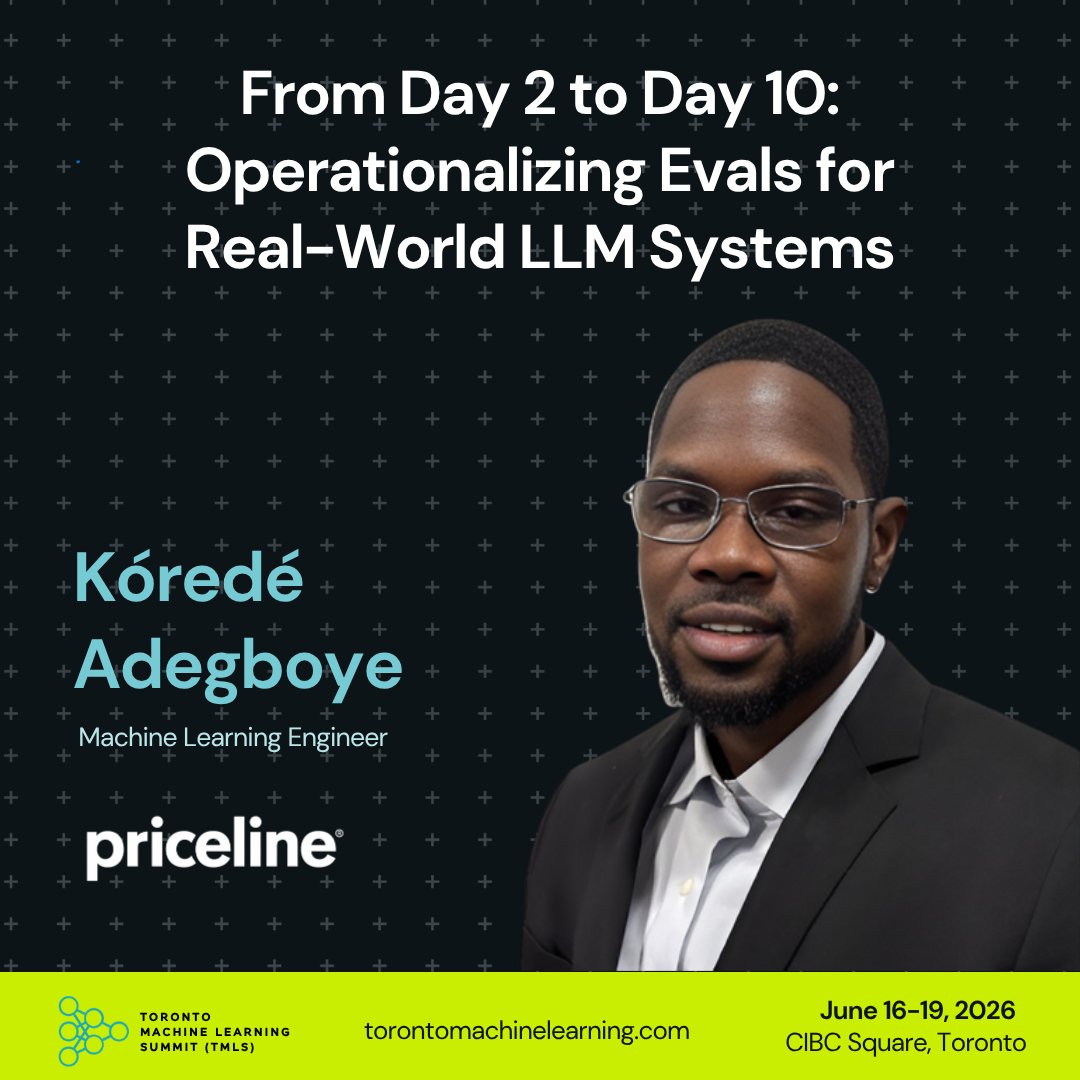 TMLS_TO's tweet photo. Evals in production: the #1 constraint our committee flagged this year.

Korede Adegboye is presenting his framework at TMLS 2026: automated dataset curation, failure-mode detection, and uncertainty-aware decisioning.

→ See All Speakers: https://t.co/F0oeCcK9cZ https://t.co/dLaPzz1Ysa