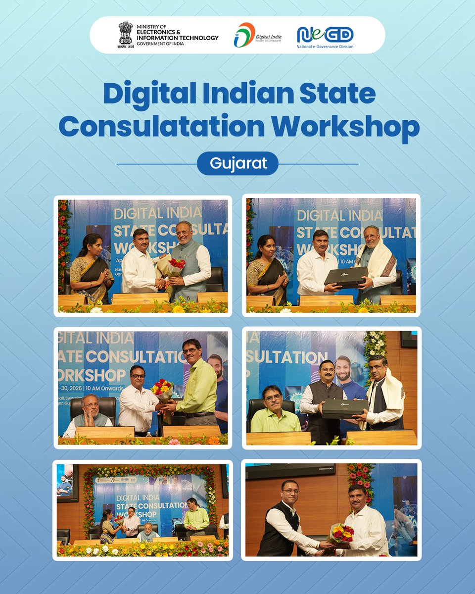 GoI_MeitY's tweet image. The Digital India State Consultation Workshop in Gujarat brought senior officials, experts for sessions focused on platforms like DigiLocker, UMANG, Meri Pehchaan, API Setu, and myScheme to enable citizen centric services 
#DigitalIndia #Gujarat