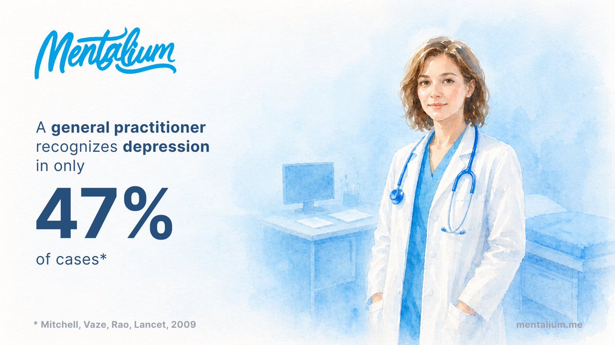 PTrubetskov's tweet image. A general practitioner correctly spots depression in only 47% of cases.

The largest meta-analysis on this (Lancet, 41 studies, 50 371 patients) found GPs miss roughly half of real depressions — patients leave with a label like fatigue, back pain, or "stress" instead.

#doctor