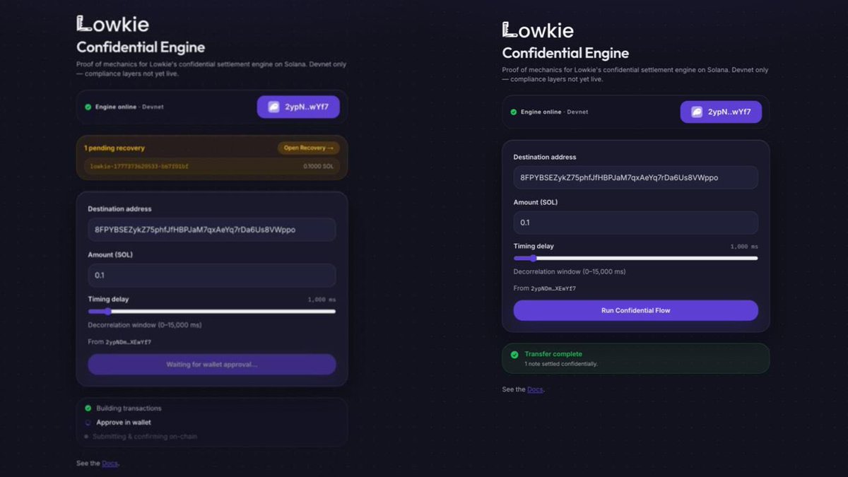 Lowkie_protocol's tweet photo. Move from clicking “Run Confidential Flow” to completed transfer in under 20 seconds.

The engine currently:

> de-correlates sender and recipient
> settles SOL automatically, with no claim flow
> obscures amount visibility on the explorer
> operates with near-zero trust assumptions

At no point does Lowkie custody user funds or read the underlying transaction details.