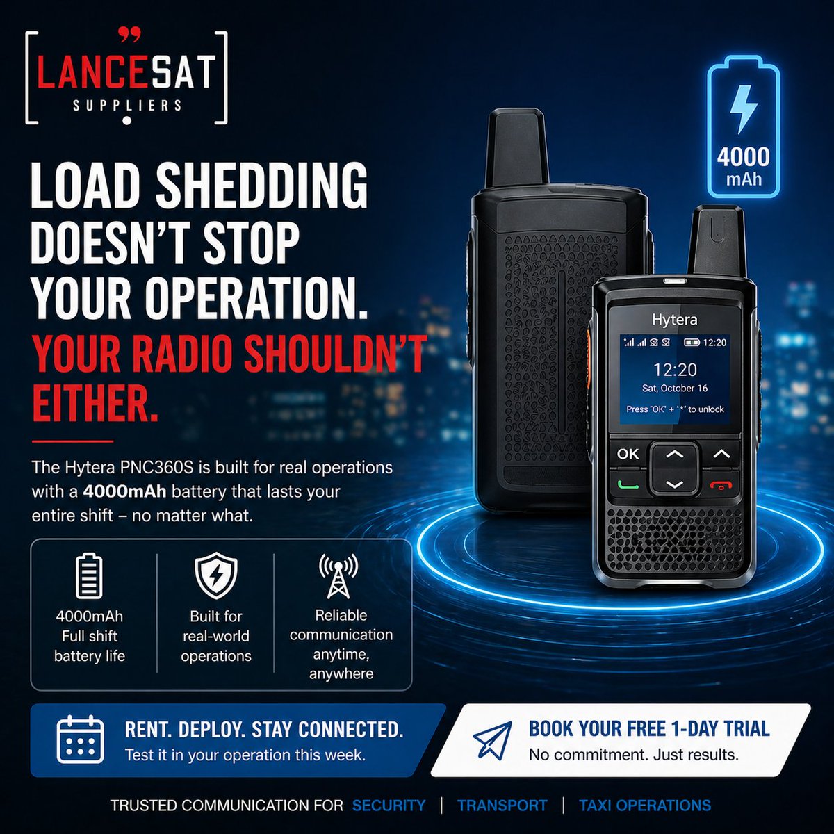 LancesatS's tweet photo. Load shedding shouldn’t break communication.

Ours doesn’t.

DM “RADIO” https://t.co/8lmeZZTkxH