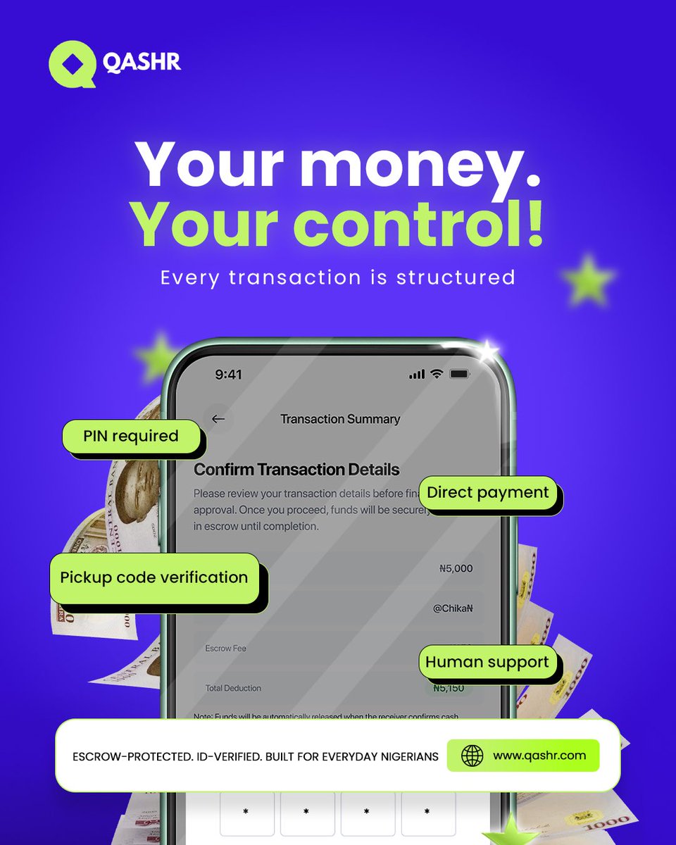 my_qashr's tweet photo. Your money. Your control.
Every transaction requires your PIN.
Payments go directly to you.
Pickup codes verify trades.
Support is always available.
Structure builds trust. 💜
Be part of the community below
https://t.co/rA4ELMifxN
#QASHR #explore #AfricaFintech #p2p https://t.co/xBRFkH3V9z