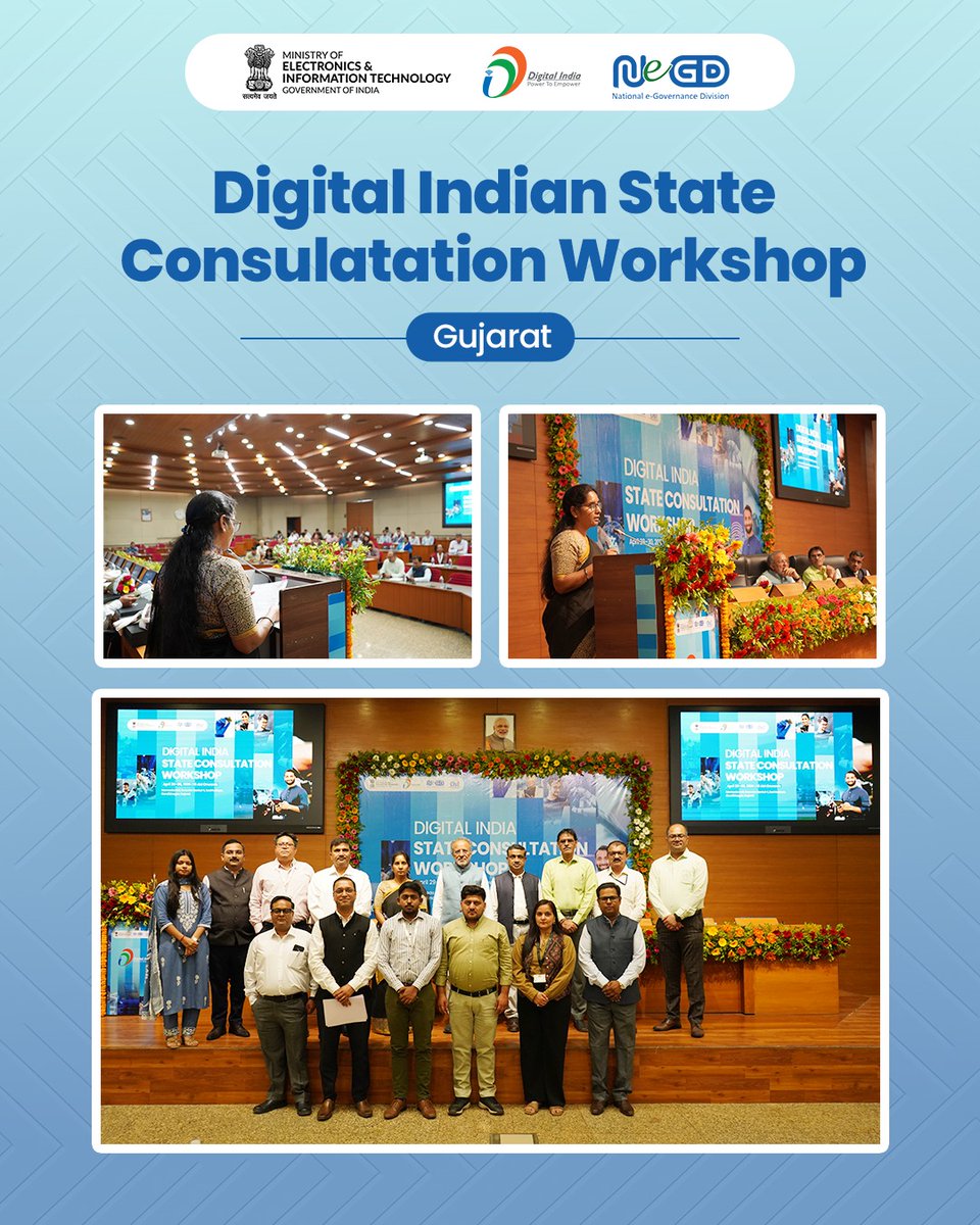 GoI_MeitY's tweet image. The Digital India State Consultation Workshop in Gujarat brought senior officials, experts for sessions focused on platforms like DigiLocker, UMANG, Meri Pehchaan, API Setu, and myScheme to enable citizen centric services 
#DigitalIndia #Gujarat