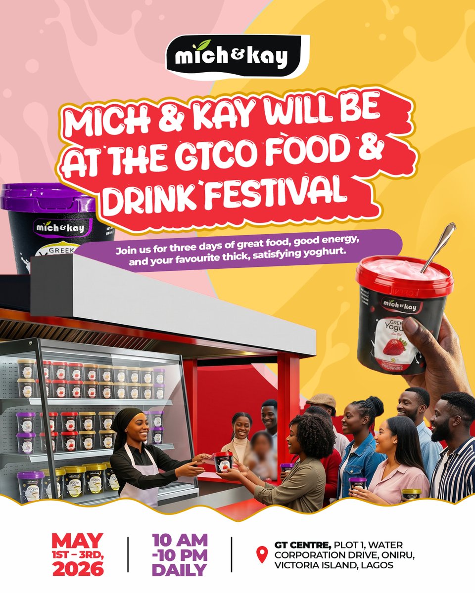 MichandKay's tweet photo. Mich &amp; Kay is heading to the GTCO Food &amp; Drink Festival.

Whether you’re stopping by for a quick snack or stocking up on your favourites, we’ll be there all weekend long.

Venue: GT Centre, Plot 1, Water Corporation Drive, Oniru, VI.
Time: 10 AM – 10 PM daily.

See you there! https://t.co/YTZFzucqxI