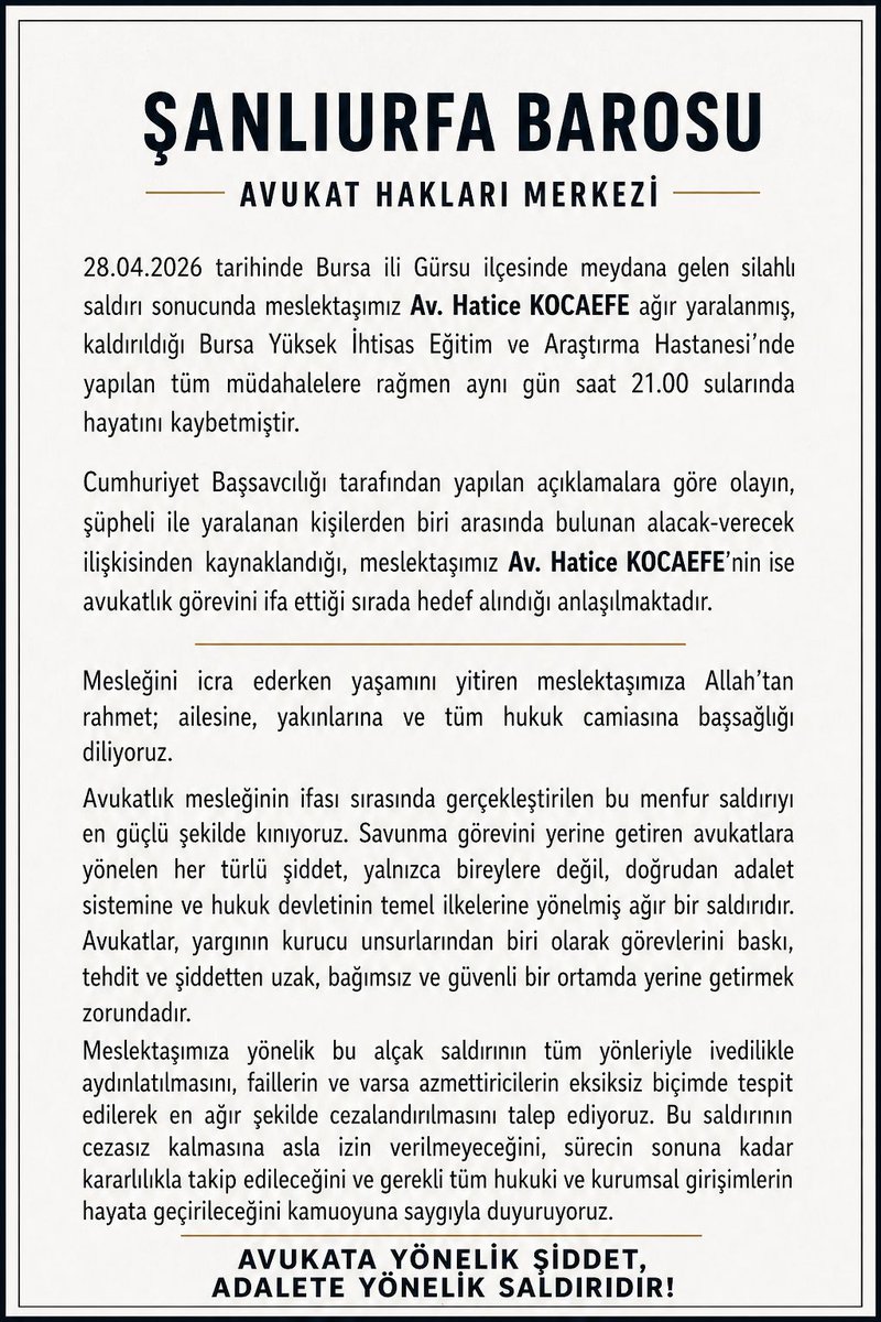 AvukatMerkezi's tweet photo. Meslektaşımız Av. Hatice Kocaefe’ye yönelik alçak saldırıyı lanetliyoruz. Görevini ifa ederken hedef alınan bir avukata sıkılan kurşun, doğrudan adalete sıkılmıştır. Failler ve azmettiriciler derhal bulunmalı, en ağır şekilde cezalandırılmalıdır. Susmayacağız. https://t.co/xkl5Q7Ru7K