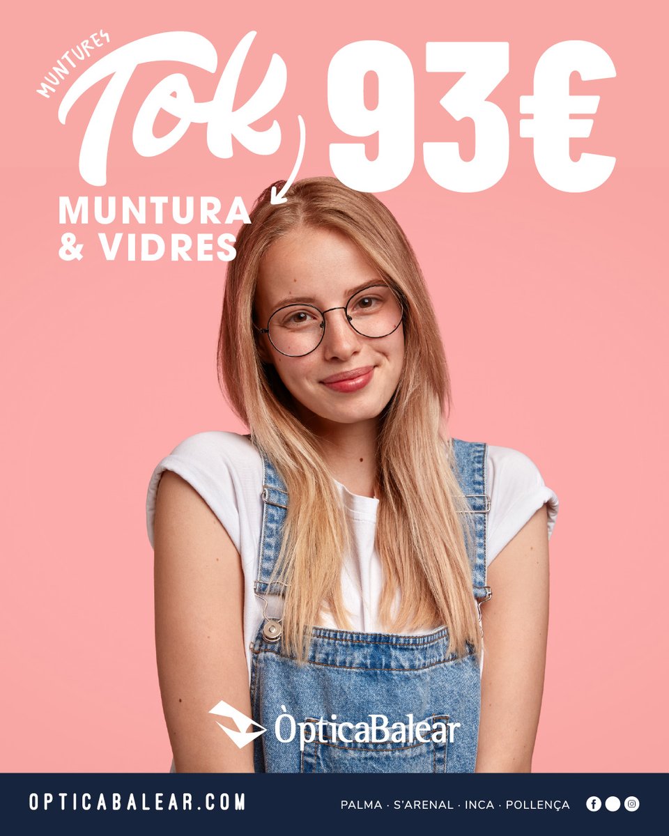 OpticaBalear's tweet photo. Hi ha muntures que encaixen amb tu des del primer moment.

A Òptica Balear, les ulleres 𝗧𝗢𝗞 estan disponibles per només 93€, amb muntura i vidres inclosos.

Una opció perfecta per canviar de look i apostar per un estil fresc, còmode i funcional. https://t.co/wq09zs00rF