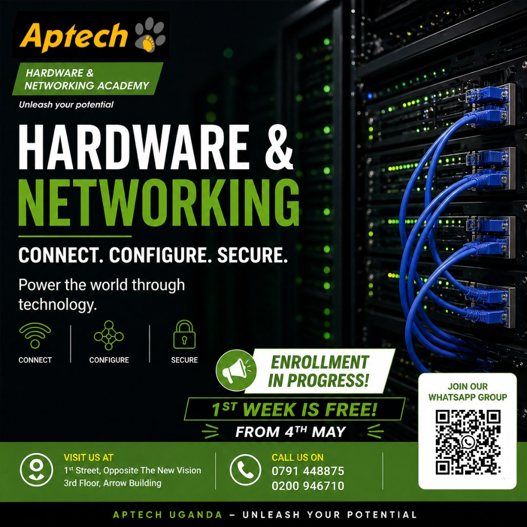matabacusuganda's tweet image. Behind every system is a network that powers it.

Gain practical skills to connect, configure, and secure modern IT infrastructure.
⚙️ Connect. Configure. Secure.
✅ 1st week is FREE
📅 Classes start 4th May

#Networking #ITSkills #TechTraining #AptechUganda