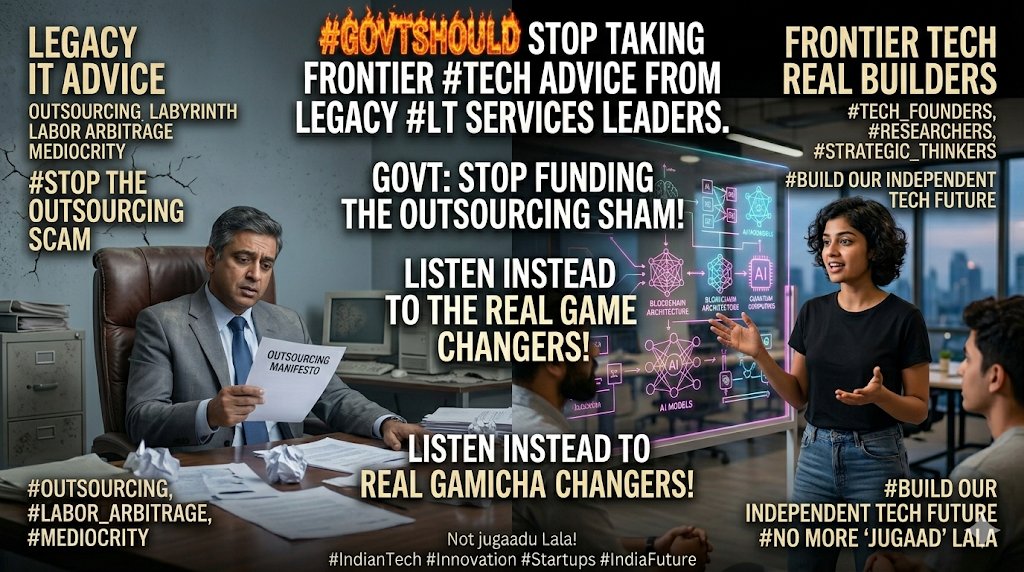 BridginDGaps's tweet image. The #Indian #Govt should stop taking frontier #Tech advice from legacy #IT Services leaders whose playbook is outsourcing, labor arbitrage, optics, &amp;amp; mediocrity. 
Listen to real builders: frontier-tech founders, proven researchers, &amp;amp; strategic thinkers — not jugaadu Lala!