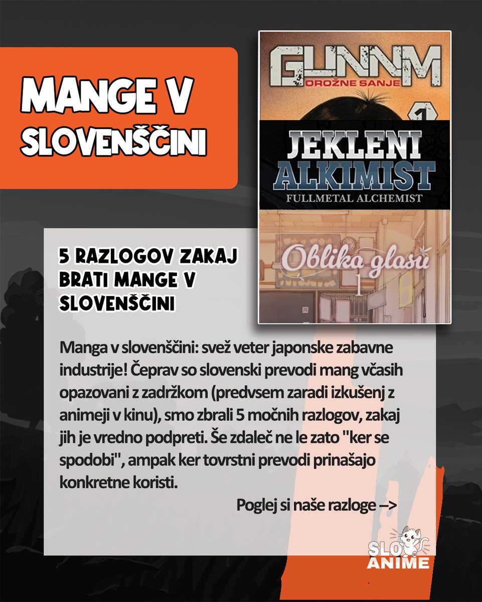 SloAnime's tweet photo. Končno se lahko tudi Slovenija pohvali z lokaliziranimi izdajami mang. 🎉
Trenutno imamo na izbiro tri izjemno dobre naslove. Predvidenih pa jih je še več 🥰
Hvala Graffit 💯
Fizično pa jih lahko najdeš v nekaterih knjižnicah in knjigarnah Mladinske knjige 😉 https://t.co/icglFjjRql