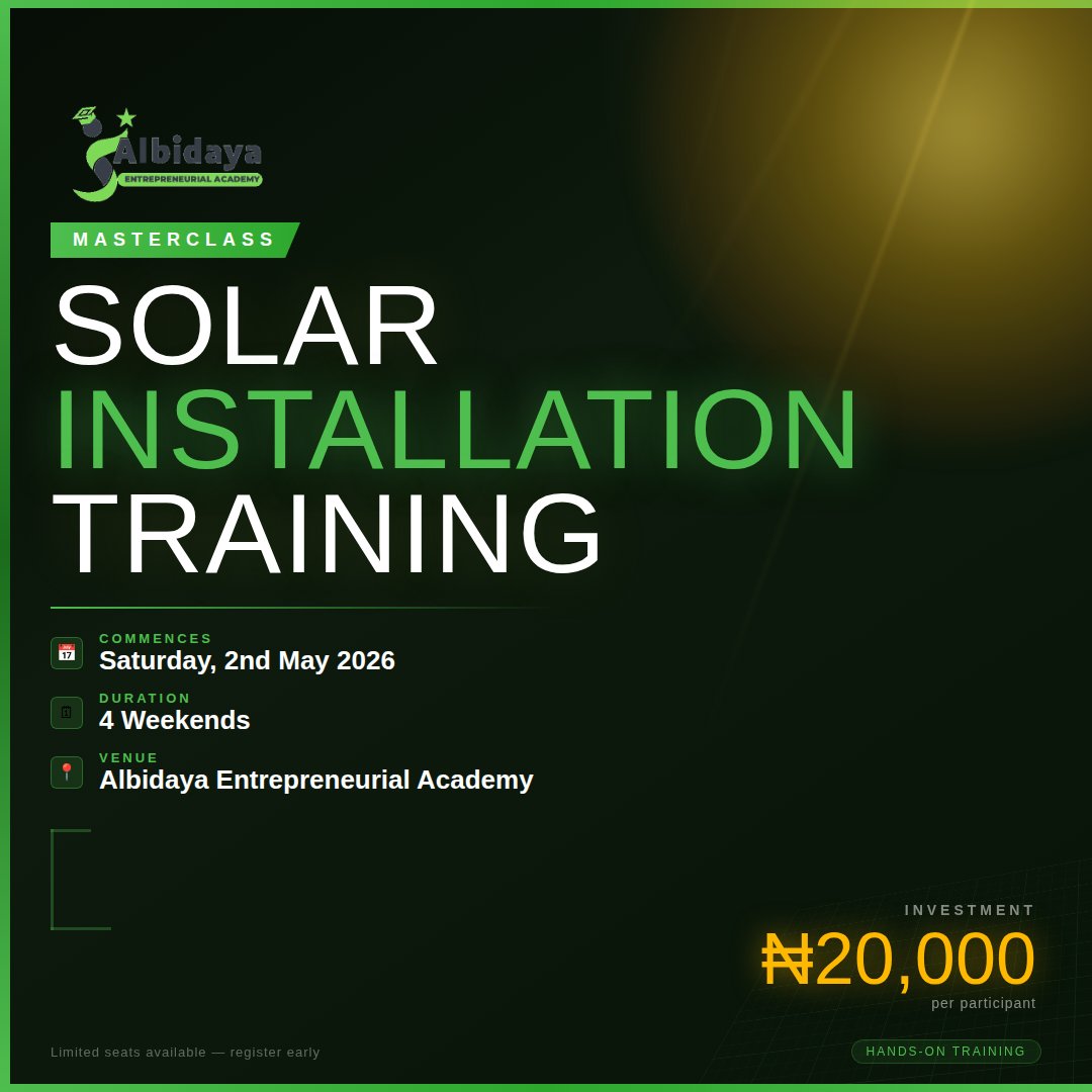 <a href="/AlbidayaAcademy/">Albidaya_ABEA</a> new solar installation training program begins in a few days!

Learn the A - Z of solar installations!

Book your spot!

Open to sponsorships and collaborations.

Please help RT <a href="/Wanzaaam/">WANZAMCAPS 🧵</a> <a href="/Chubado_a/">Al-fawaaid Bookshop</a> <a href="/Red_Haiired/">RED HAIRED</a> 

Thank you.