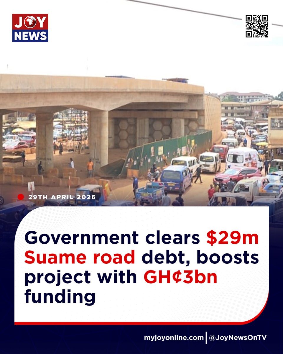 Joy997FM's tweet image. Government clears $29m Suame road debt, boosts project with GH¢3bn funding

#JoyNews #Viral #Explorepage #Ghana #JoyFM #GhanaNews #Ghana #NewsUpdate #Africa #GhPolitics #News #AfricaNews #CurrentAffairs #Vlog