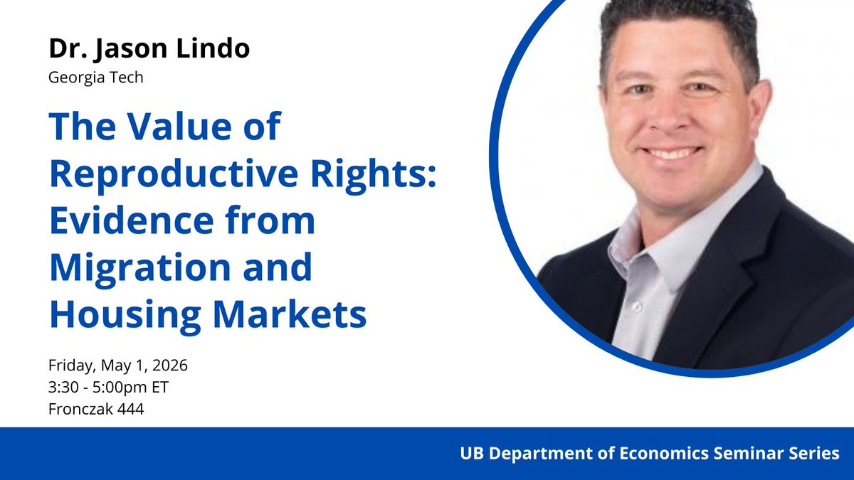 UBuffaloEcon's tweet image. Join us for our seminar series this Friday (May 1), during which Prof. Jason Lindo (@GATechEcon) will estimate the impacts of reproduction rights on housing markets and migration!

More info: calendar.buffalo.edu/event/economic…

#UBuffalo @UBCAS
