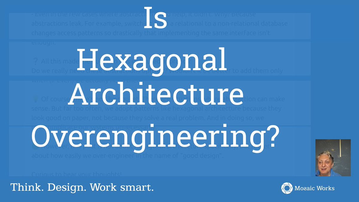 alexboly's tweet image. Blast from the past:Is Hexagonal Architecture Overengineering? #Blog #Video #Architecture #Video #Video mozaicworks.com/blog/is-hexago…