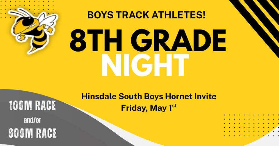 HSHSAthlClub's tweet photo. Calling all boys 8th grade runners!
Come out to 8TH GRADE NIGHT at the HSHS boys Hornet Invite track meet. All male runners from South feeder schools (Burr Ridge, Cass, Gower, Eisenhower, and Westview Hills) are invited to participate in a 100m and/or 800m race. https://t.co/vzNVYyPsSH