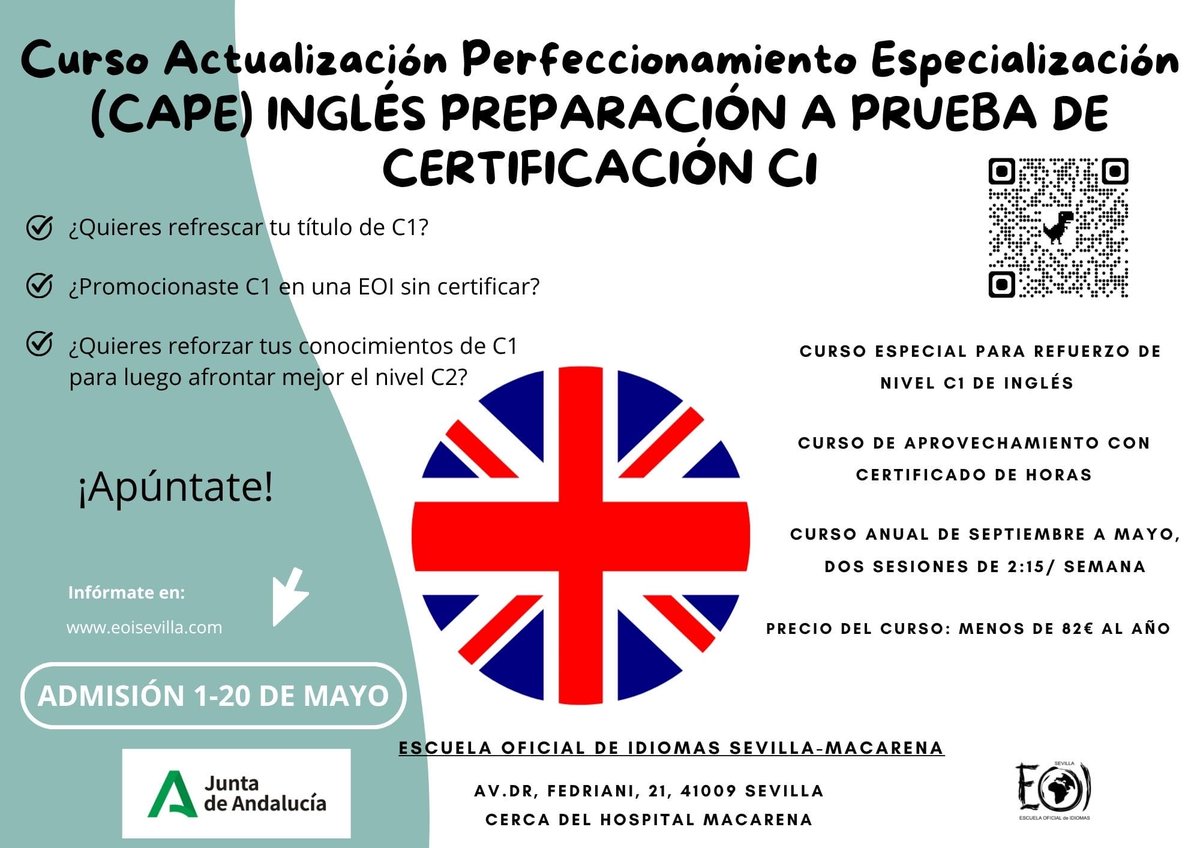 eoisevilla's tweet photo. ¿Quieres  refrescar tu nivel C1 de inglés?, ¡apúntate del 1 al 20 de mayo en  nuestro curso de actualización lingüística!! Más info en https://t.co/rmASw5OJhe https://t.co/y8GRsZVv2t