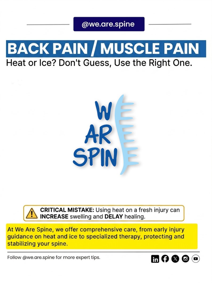 wearespine's tweet photo. Raise your hand if you’ve used heat on a fresh injury 🙋‍♂️
That's the wrong move.

🔥 New injury → more swelling
❄️ Ice → reduces inflammation

Rule:
New pain = Ice 🧊
Old pain = Heat 🔥

#backpain #painrelief #wearespine #consult #musclepain #mumbai #injury https://t.co/wNWNT5Kf43