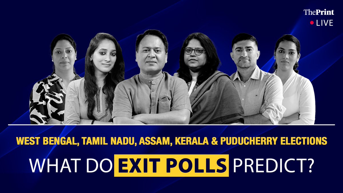 West Bengal, Tamil Nadu, Assam, Kerala &amp; Puducherry Elections: What do Exit Polls predict?

Join our Political Editor <a href="/dksingh73/">DK Singh</a> LIVE with <a href="/dgupta_moushumi/">Moushumi Das Gupta</a>, <a href="/NPDay/">Neelam Pandey</a>, <a href="/sharanpoovanna/">Sharan Poovanna</a>, <a href="/DeepikaAmirapu/">Deepika Amirapu</a> &amp; <a href="/aneesa_pa/">Aneesa</a> tonight at 7.30 PM:

youtube.com/live/uJt_v_NP-…