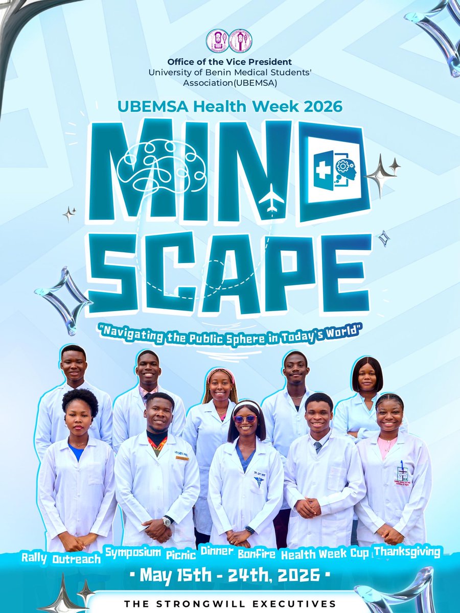 Official_UBEMSA's tweet photo. 🔥 UBEMSA HEALTH WEEK 2026 🔥
MINDSCAPE
Navigating the Public Sphere in Today’s World

Rallies. Outreach. Symposium. Sports.
Picnic. Bonfire. Dinner. Memories.

Don’t hear about it later. Be there.
🗓️15th of May - 24th of May,2026.

You can’t afford to miss this!!! https://t.co/rEsufiKZMR