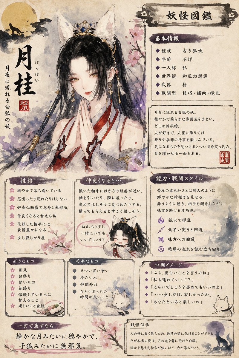 tuki_hakutyumu's tweet image. #逆水寒　#AI生成
今日も戯れてたら妖怪図鑑つくってくれた
中の人格結構反映されててコワイッつったらなんかキャラメにそういうのってでるらしい、ふーんσ(´・ε・｀*)？