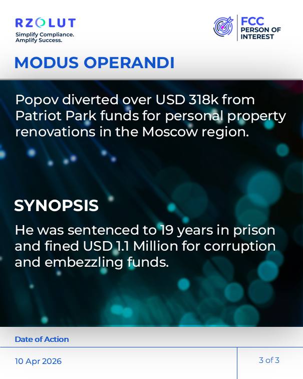 RzolutL's tweet image. On 10 Apr 26, Pavel Popov, former Russian Deputy Defense Minister, was sentenced to 19 years in prison and fined 85 mn rubles after being convicted of #corruption &amp;amp; #embezzlement related to funds allocated for the Patriot Park project.

Visit our website rzolut.com/?utm_source=Tw…