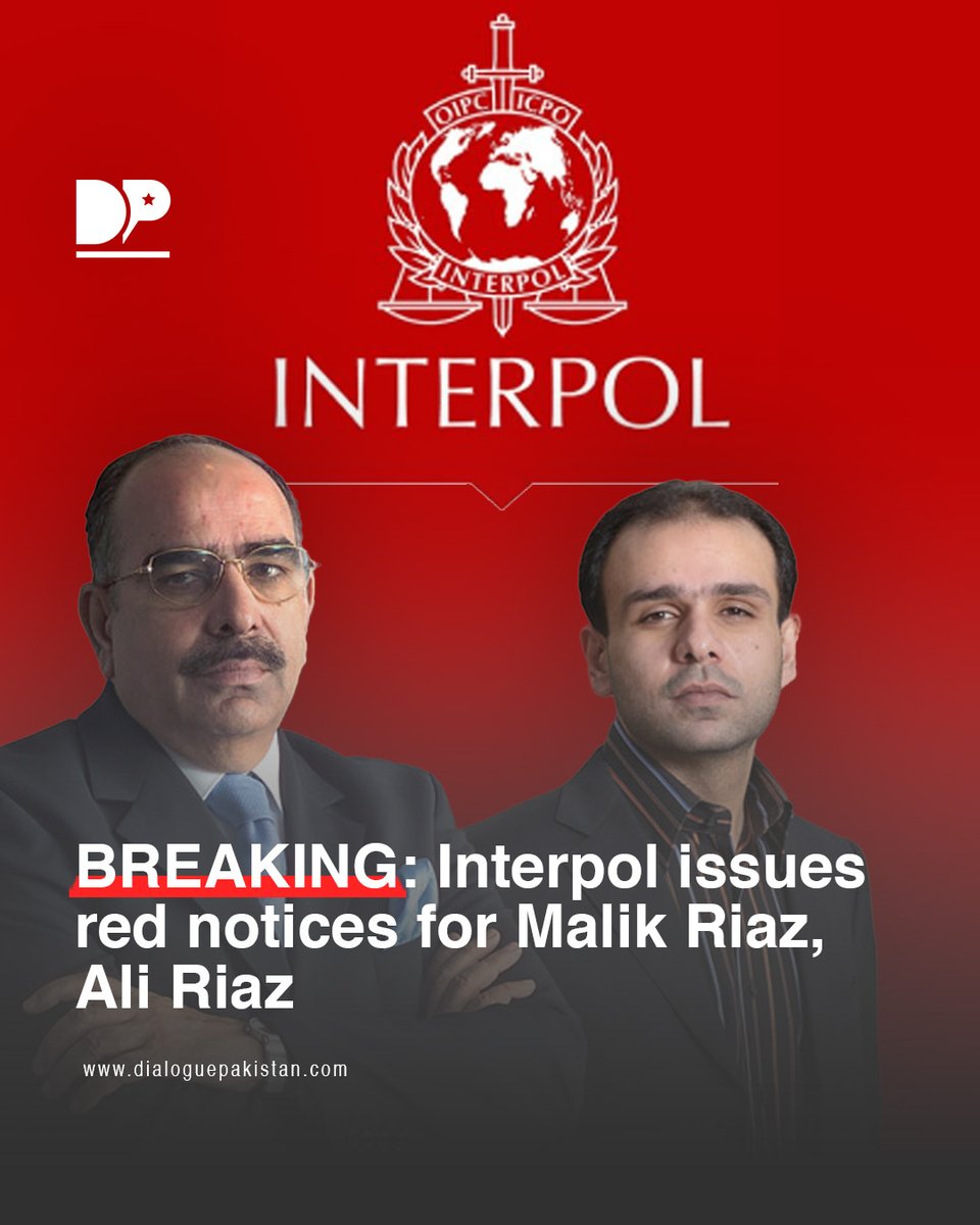 DialoguePak's tweet image. Interpol has issued Red Notices against Bahria Town owner Malik Riaz and his son Ali Riaz, NAB Chairman Lt General (retired) Nazir Ahmed said on Wednesday.

#DialoguePakistan #Interpol #Issued #RedNotices #BahriaTown #Owner #MalikRiaz #AliRiaz