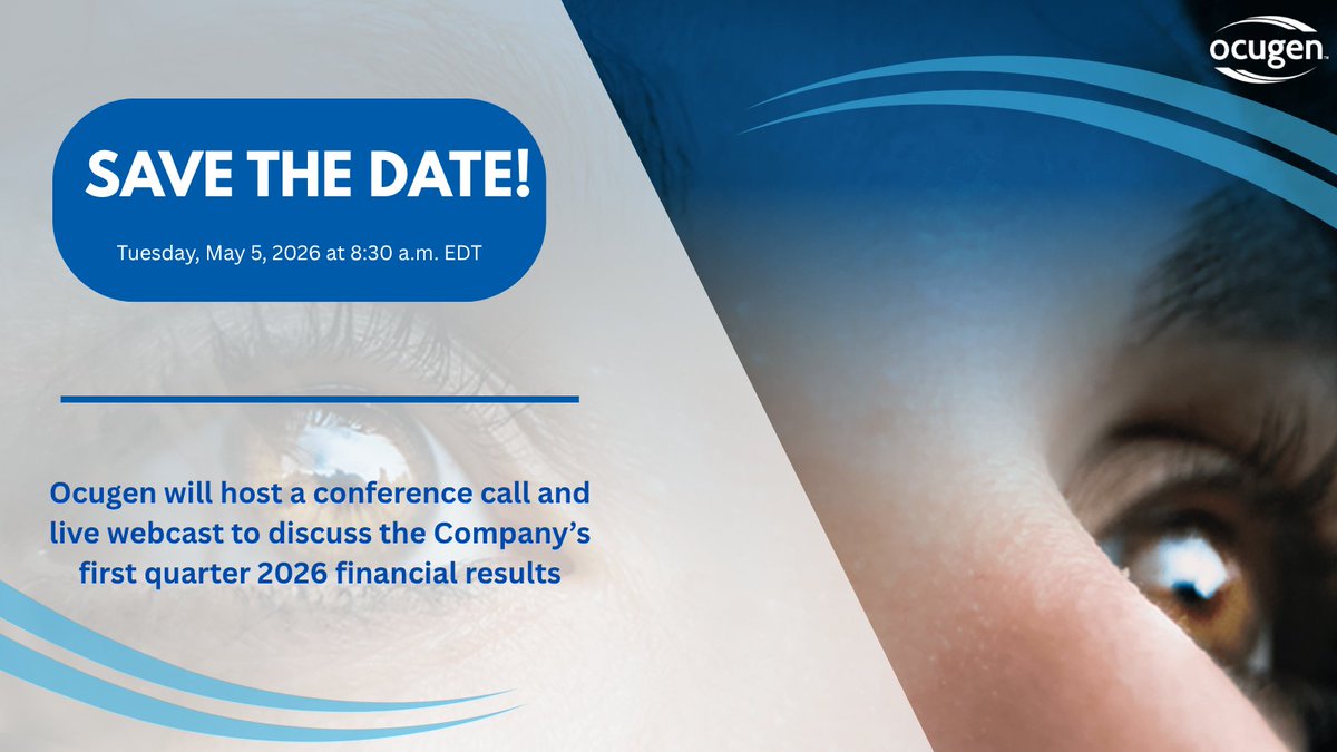 Ocugen's tweet photo. Don’t miss it. Ocugen will host a live webcast on May 5 at 8:30 a.m. EDT to share 1Q 2026 results and key updates, including progress toward key catalysts in 2026. #QuarterlyUpdate #Biotech $OCGN

Details: https://t.co/jxFgC7VQ7K
Replay: https://t.co/yvCUC9lLm8 https://t.co/5N0QZBUAz2