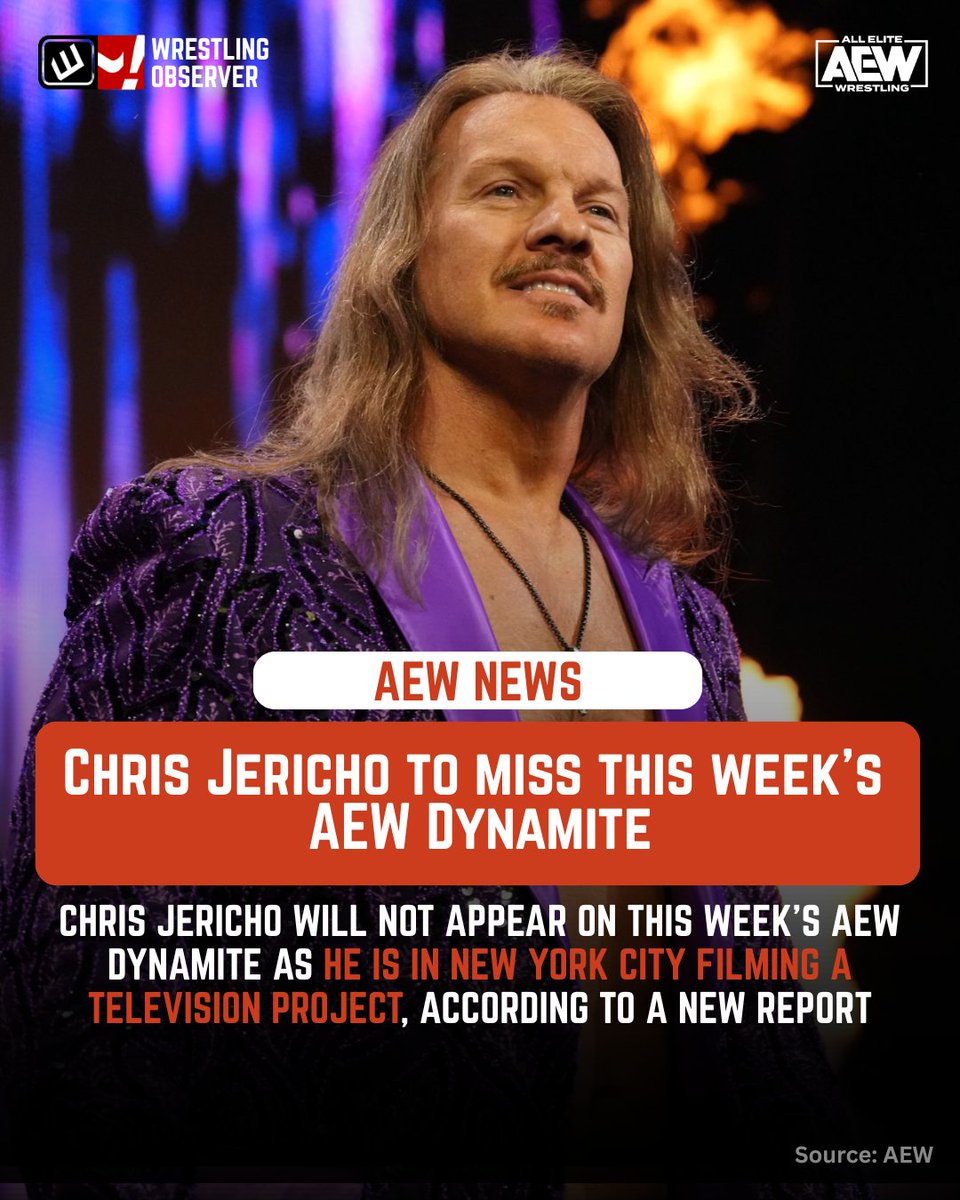 WONF4W's tweet image. Chris Jericho will miss this week’s #AEWDynamite.

PWInsider reports he’s in NYC filming a TV project.

Read full article here:
zurl.co/WIbMV

Source: PWInsider

#ChrisJericho #AEW
