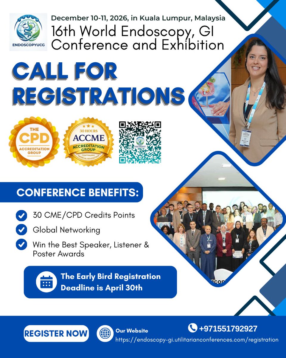 EndoscopyC26521's tweet image. CALL FOR REGISTRATIONS
#16endoscopy, in Kuala Lumpur, Malaysia, this Dec 10-11, 2026.
Register now: …doscopy-gi.utilitarianconferences.com/registration
WhatsApp: wa.me/+971551792927

#Endoscopy #GIConference #MedicalConference #HealthcareProfessionals #CME #CPD #MedicalEducation #GI #EndoscopyExperts